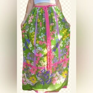 Vintage 70’s Neiman Marcus Floral Maxi Skirt Size Medium Pink Green Boho Retro
